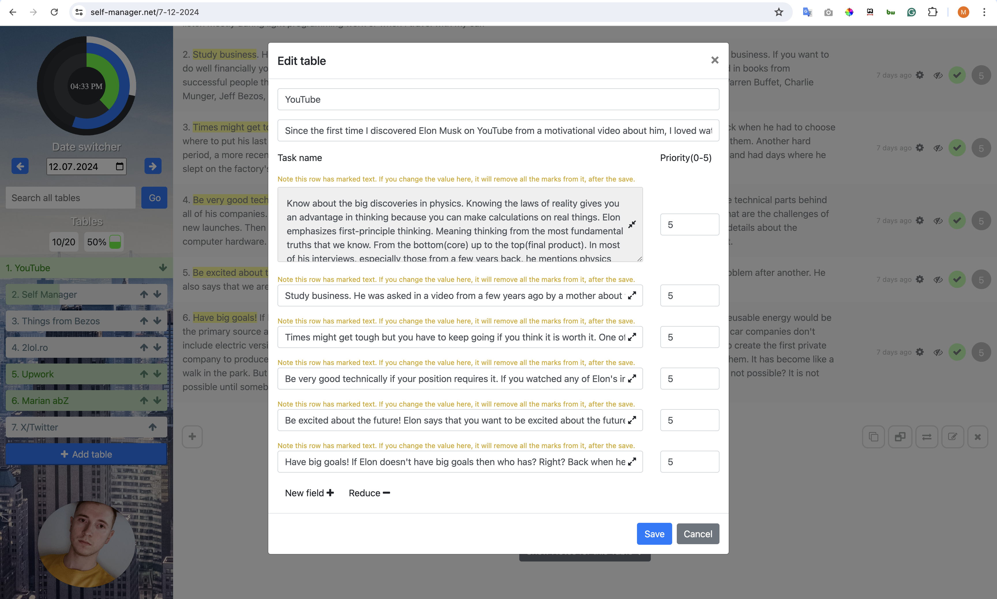 Self Manager tables