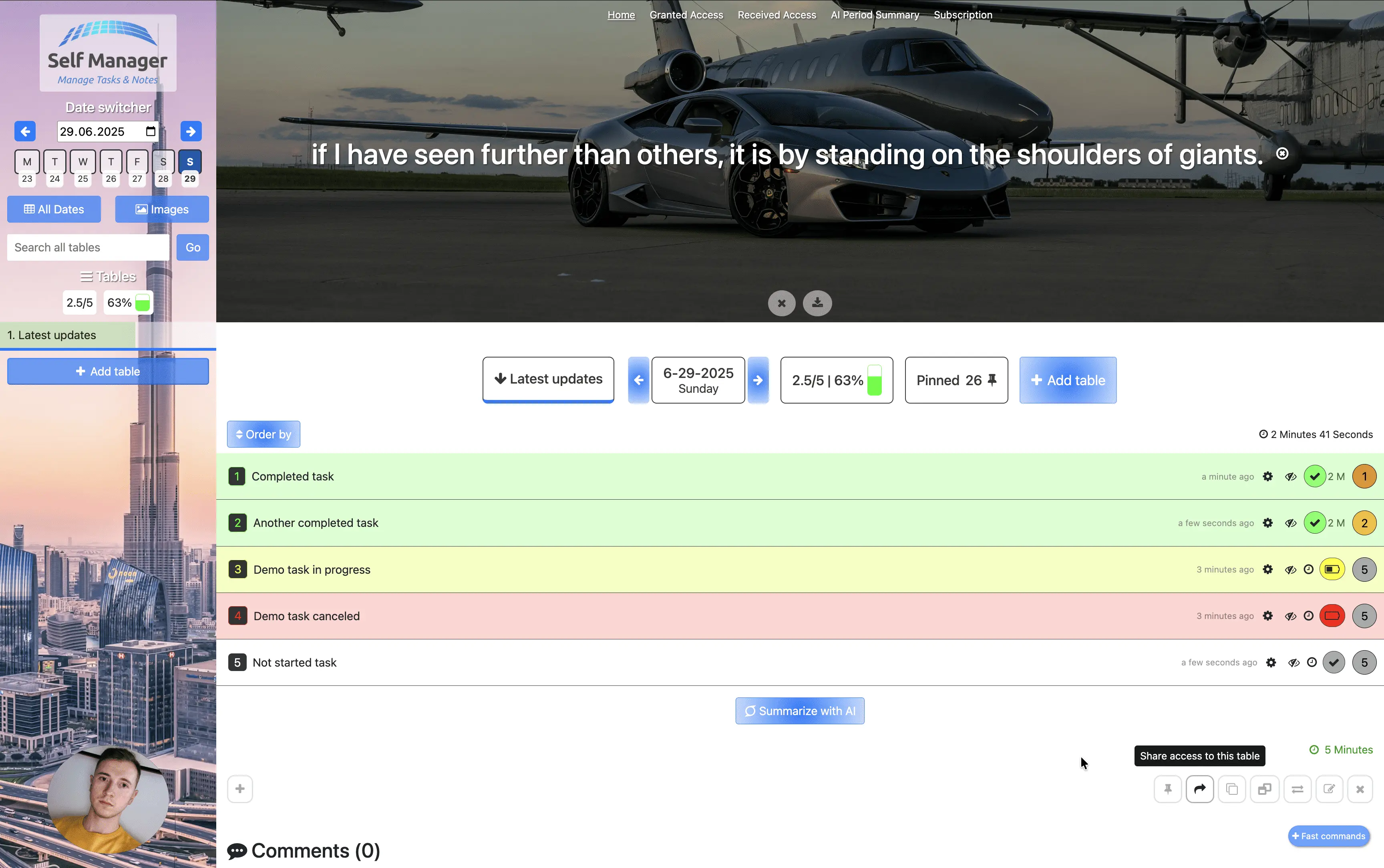 Self-Manager.net dashboard view for logged in users on desktop