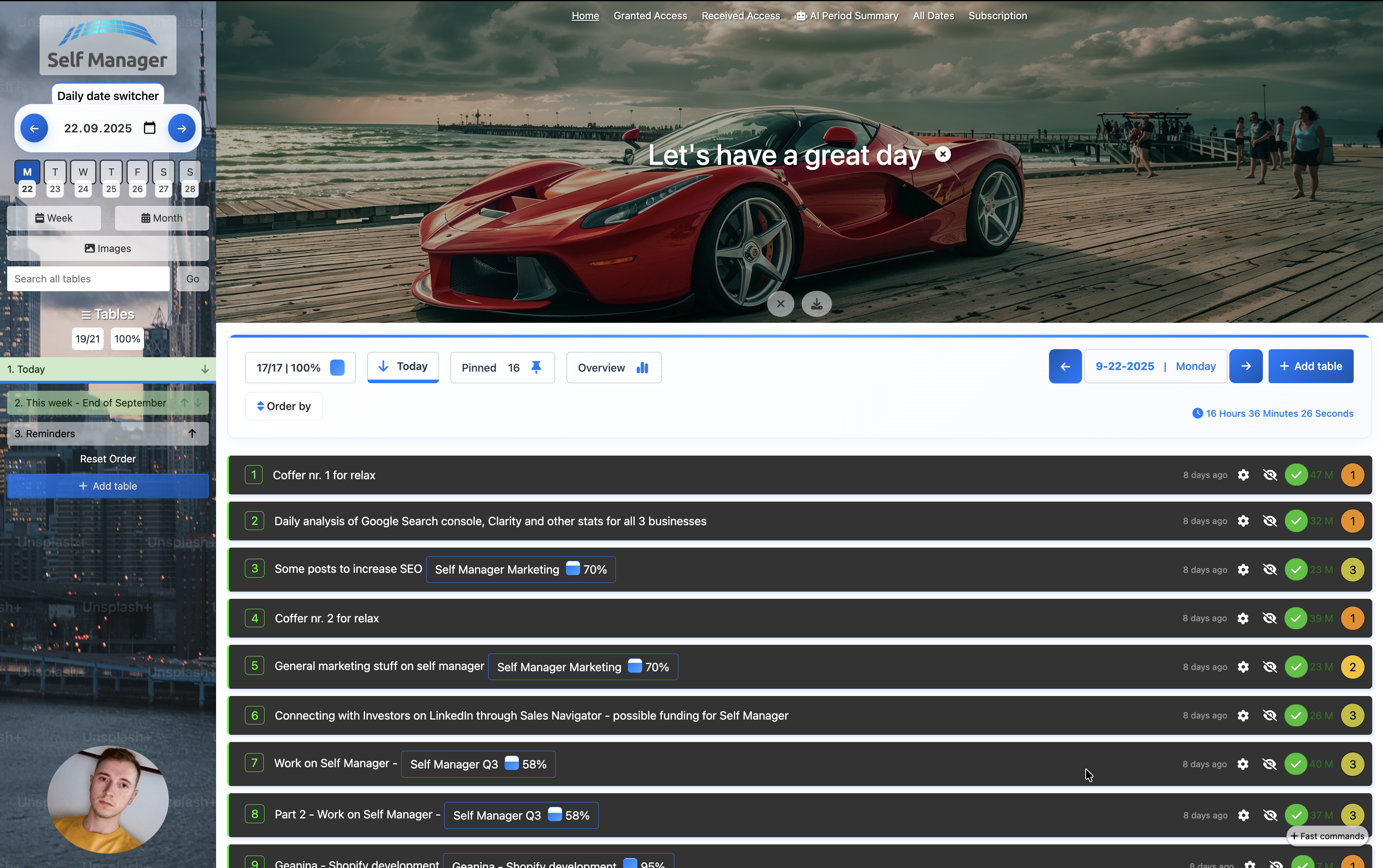 Self-Manager.net dashboard view for logged in users on desktop