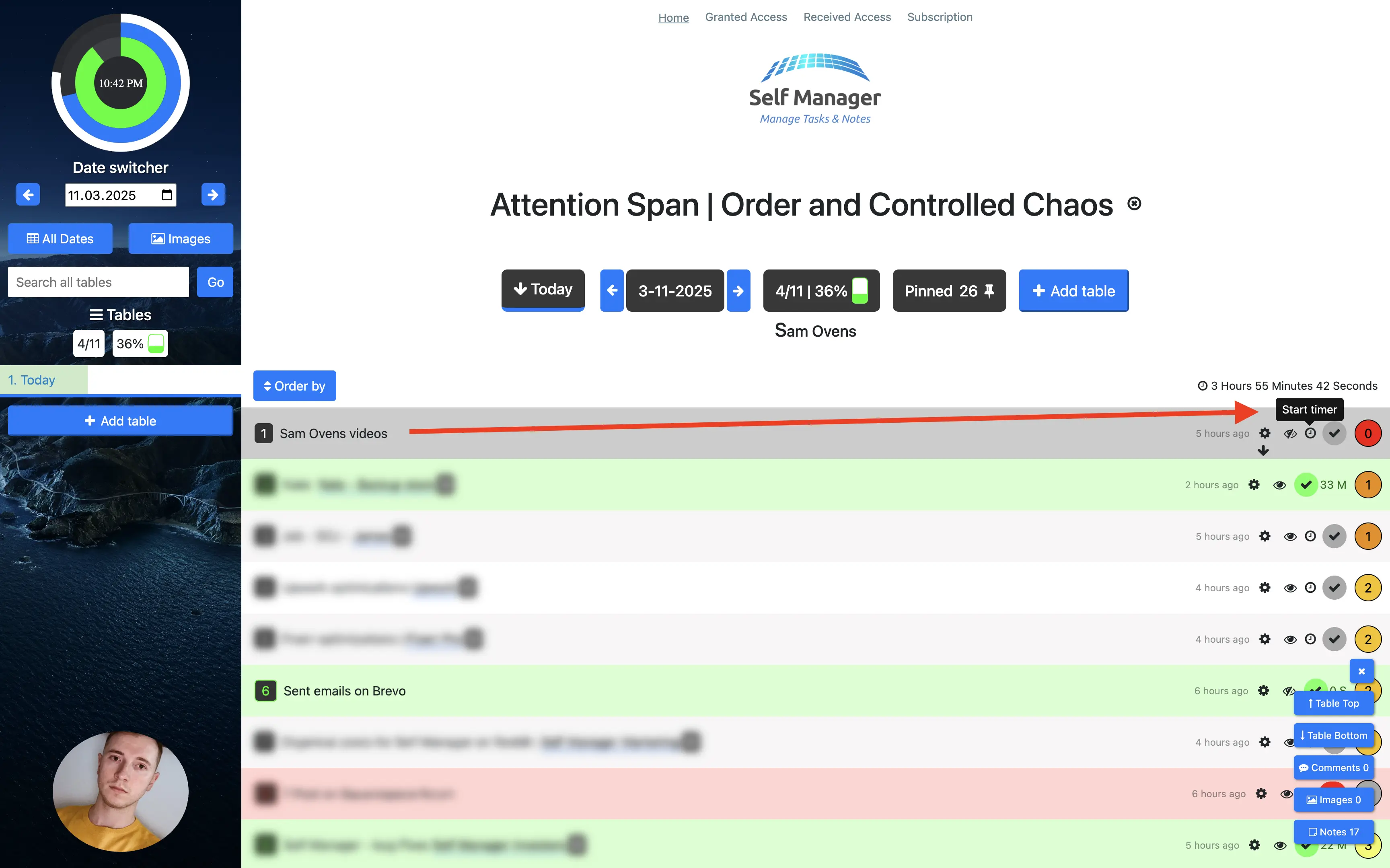 Time tracking for each task with the built-in timer